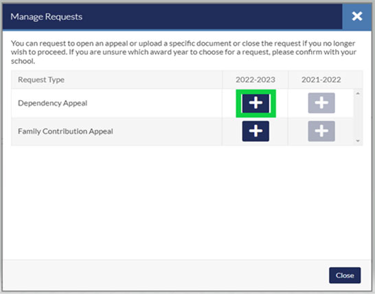 Screen with check mark next to Dependency Appeal and green + sign circled under 2020-2021 column