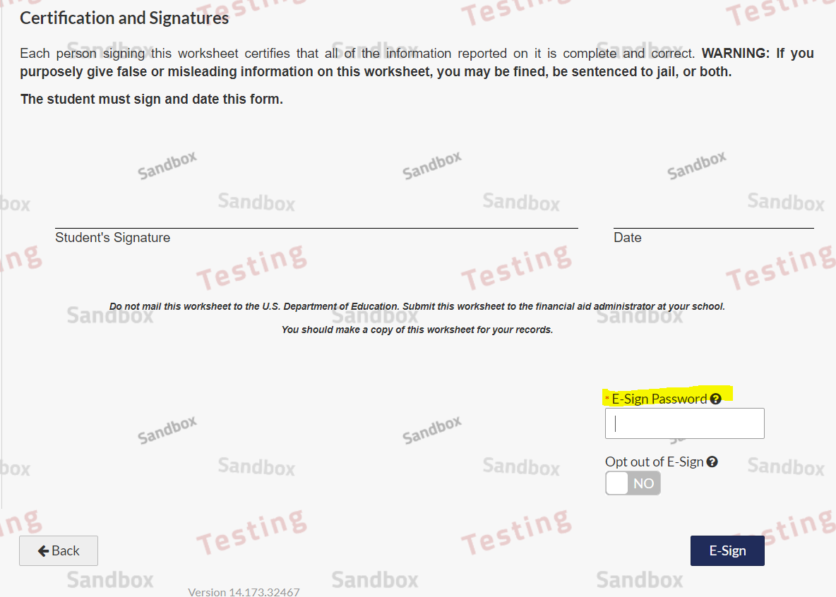 Step 10: E-Sign Password field