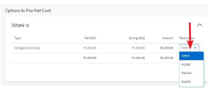 Step 5: choose to Accept or Decline the College Work Study and/or Student Loans